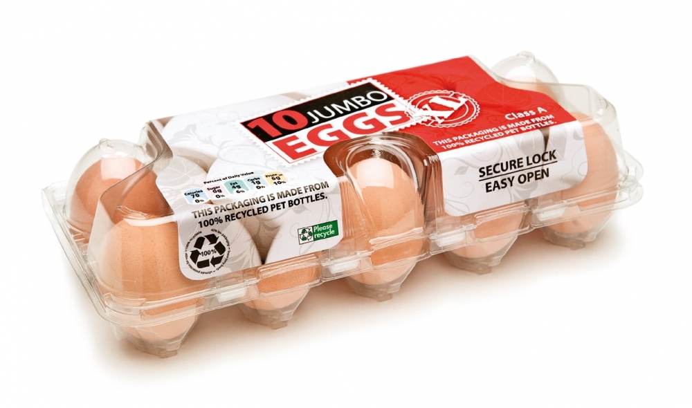 Eggbokser 1x10 i klar plast til jumbo hønseegg - 50 stk. Laget av resirkulert R-PET.