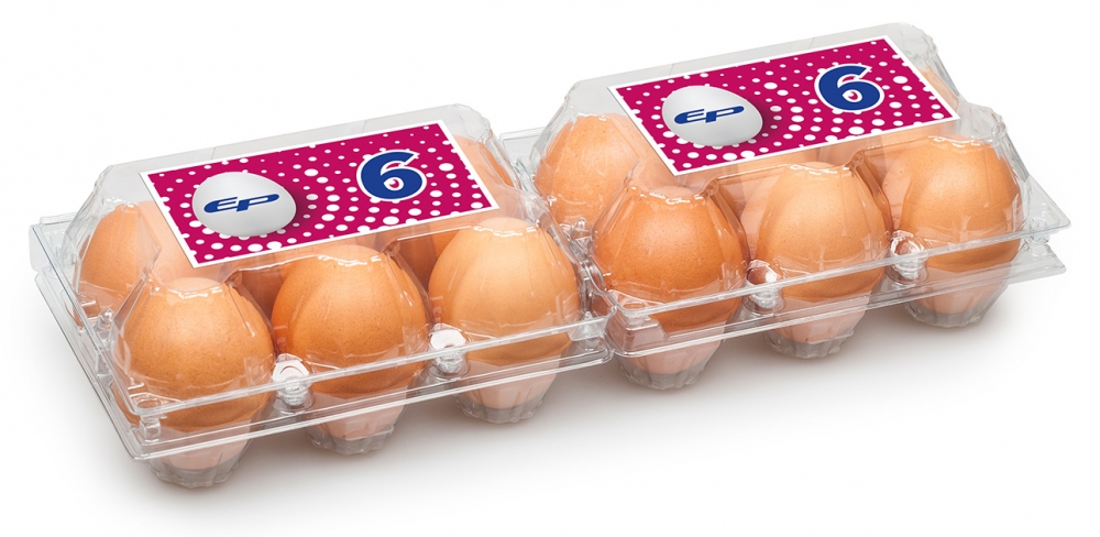 Eggbokser 2x6 i klar plast til hønseegg. Fine til fargerike egg. Laget av resirkulert R-PET, Polyetylen tereftalat, et termoplastprodukt i polyesterfamilien.